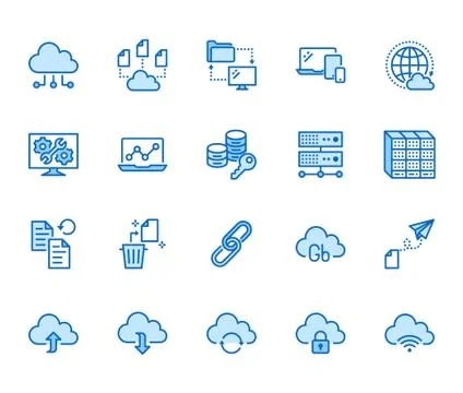Cloud data storage line icons set. Database, information storage, server center Illustrazione stock
