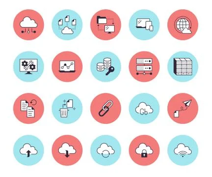 Cloud data storage line icons set. Database, information storage, server center Stock Illustration