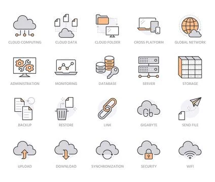Cloud data storage line icons set. Database, information storage, server center Stock Illustration