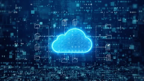 Cloud data storage network featuring a glowing cloud icon connected Stock Footage 286071061