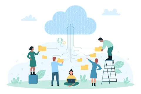 Cloud data storage, network technology, tiny people holding folders to download 스톡 일러스트