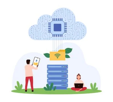 Cloud data storage, online connection for file transfer by tiny man holding Stock Illustration