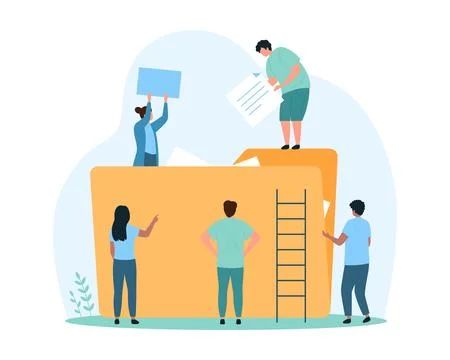 Cloud data storage organization and file management, tiny people add documents Stock Illustration