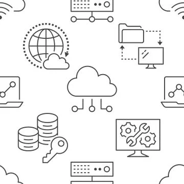 Cloud data storage seamless pattern with line icons. Database background Stock Illustration