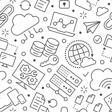 Cloud data storage seamless pattern with line icons. Database background Stock Illustration
