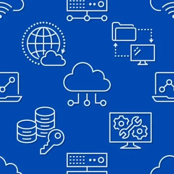 Cloud data storage seamless pattern with line icons. Database background Stock Illustration