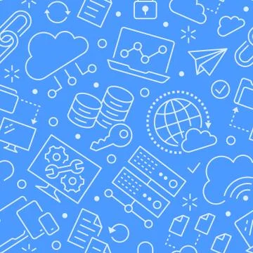 Cloud data storage seamless pattern with line icons. Database background Stock Illustration