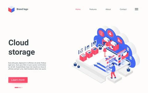 Cloud data storage service concept isometric landing page, people transfer media Stock Illustration