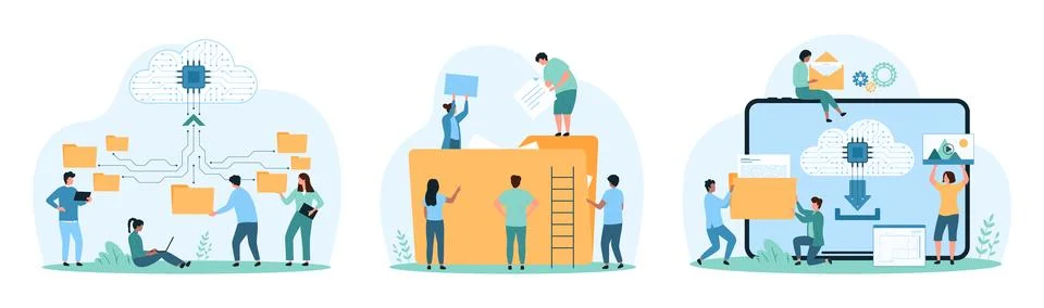 Cloud data storage service set, tiny people put document in folder, work with 스톡 일러스트