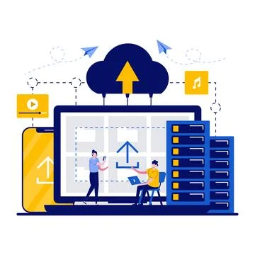 Cloud data storage technology concept with tiny character. People upload ph.. Stock Illustration