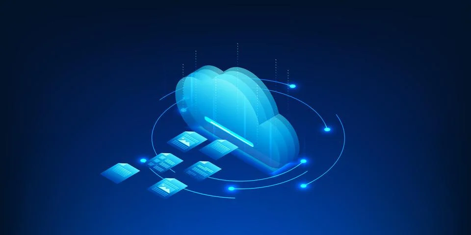 Cloud Data Storage Technology with Document Files Uploading to Cloud System.. Stock Illustration