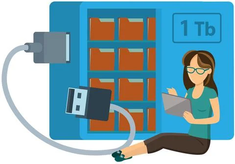 Cloud data storage technology. Woman sits with tablet pc near drawer folder in Stock Illustration