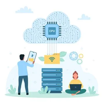 Cloud data storage, tiny people upload folder with files and documents to server Stock Illustration