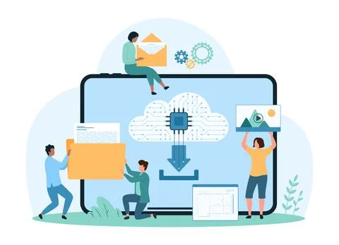 Cloud data storage, tiny people upload files and folders online to cloud on イラスト素材
