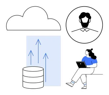 Cloud, data storage with upward arrows, user profile in circle, seated person Stock Illustration