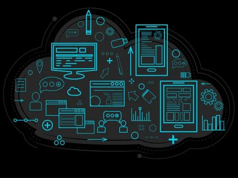 Cloud data is stored on the server, information about people, graphs, reports Stock Illustration