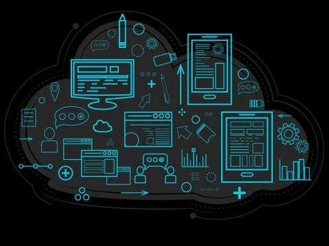 Cloud data is stored on the server, information about people, graphs, reports Illustrazione stock