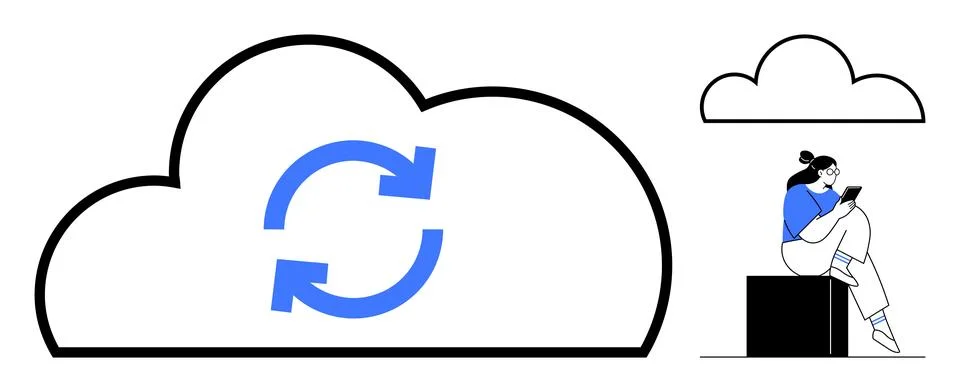 Cloud Data Sync with User Accessing Information on Tablet and Large Sync Icon イラスト素材