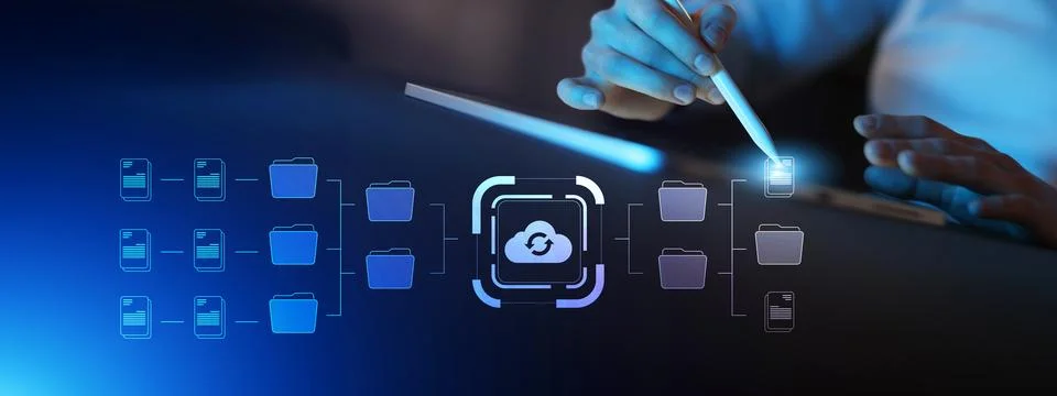Cloud Data Synchronization and Digital File Management System Concept. 스톡 사진