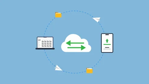 Cloud Data Synchronization Network Flat Design 2d Animation with Alpha Matte Stock Footage 339822081