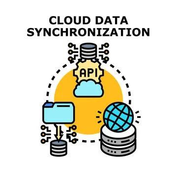 Cloud data synchronization process transferring digital information Illustrazione stock