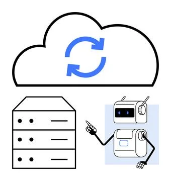 Cloud Data Synchronization with Robotic Automation and Server Integration Illustrazione stock