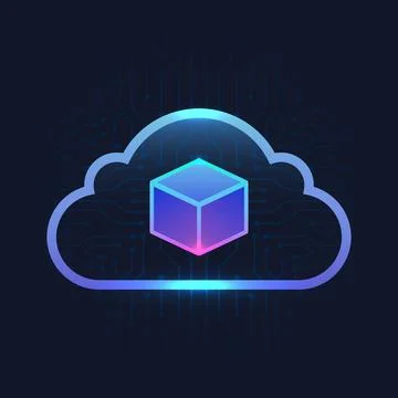 Cloud data technology digital storage glowing cube inside cloud icon with f.. Stock Illustration