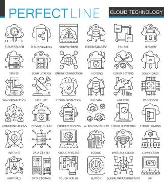 Cloud data technology services outline concept symbols. Perfect thin line icons Stock Illustration