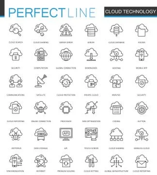 Cloud data technology services thin line web icons set. Connection outline Illustrazione stock