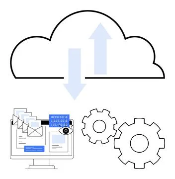 Cloud Data Transfer and Integration with Computer Interface, Envelopes, and.. Stockillustratie