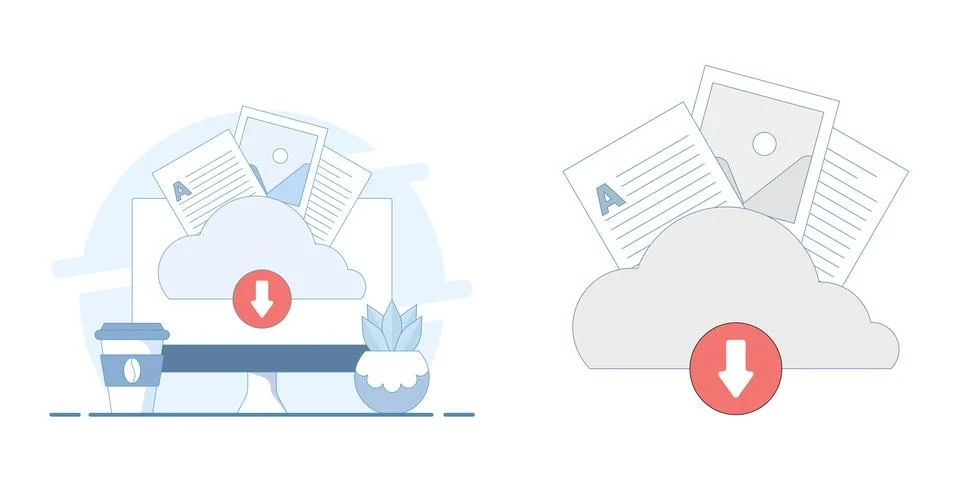 Cloud data upload illustration featuring documents and a cloud symbol Illustrazione stock