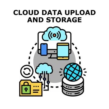 Cloud data upload processing and secure online storage Stock Illustration