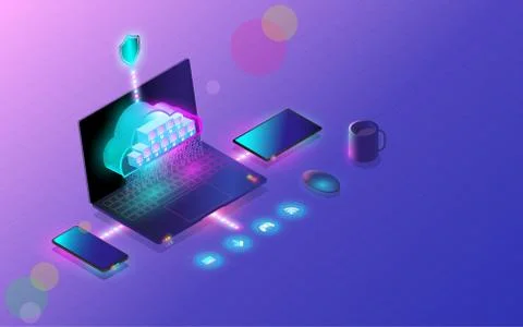 Cloud database connect by smartphone, laptop, and tablet modern concept Stock Illustration