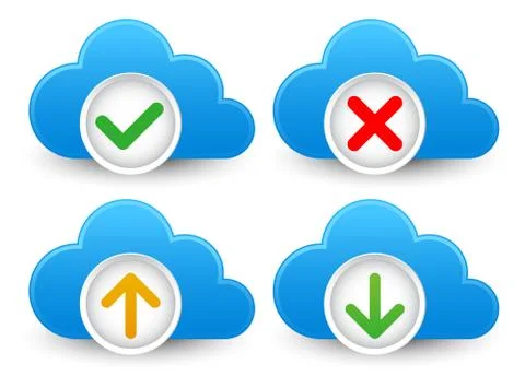 Cloud / database icon set with approved, verified; corrupted, up- and downloa Stock Illustration