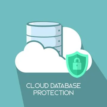 Cloud database server on cloud with shield protection flat long shadow icon Stock Illustration