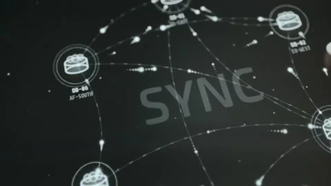 Cloud database synchronization animation, 6 cloud database nodes arranged in a Stock Footage 332893089