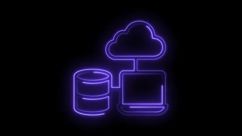 Cloud database system neon animation on black background with server and laptop Stock Footage 322975053