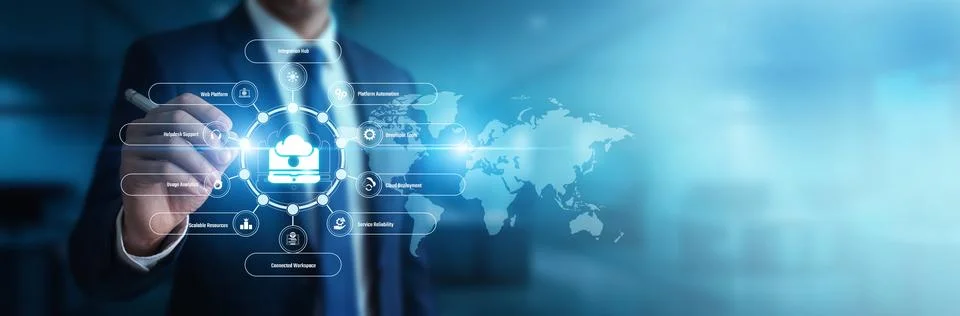 Cloud developer actively configuring virtual tools pointing toward Platform.. Stock Photos