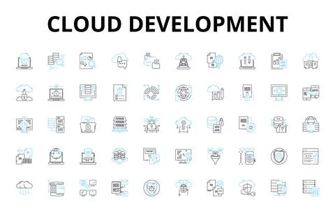 Cloud development linear icons set. Scalability, Virtualization, Automation Stock Illustration