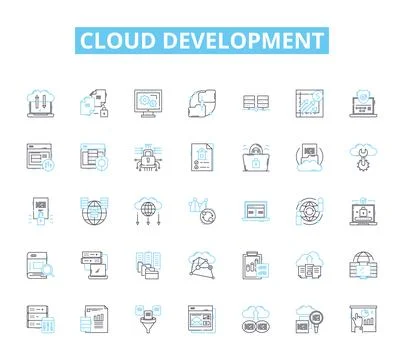 Cloud development linear icons set. Scalability, Virtualization, Automation Stock Illustration