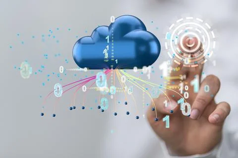 Cloud with digital lines and numbers- the concept of data cloud storage Stock Photos
