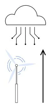 Cloud with digital lines blue wind turbine upward arrow. Ideal for themes tec Illustrazione stock