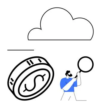 Cloud with Dollar Coin and Man Examining with Magnifying Glass in Blue and Black Stock Illustration