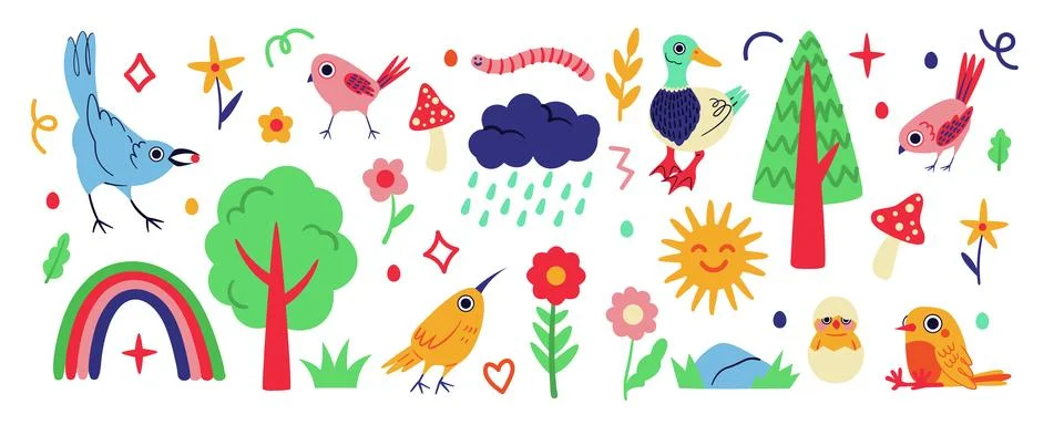 Cloud doodle. Naive pattern. Childish bird. Abstract flower. Summer nature Illustrazione stock