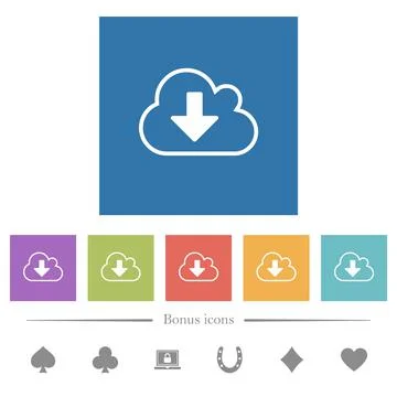 Cloud download outline flat white icons in square backgrounds Illustrazione stock