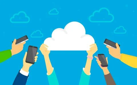 Cloud downloading concept illustration of flat human hands hold cloud sign on Stock Illustration