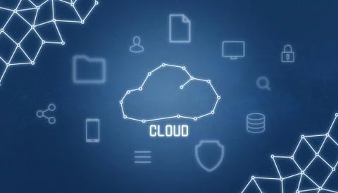 Cloud drawing surrounded with icons of file, folder, computer, padlock concep Stock Photos