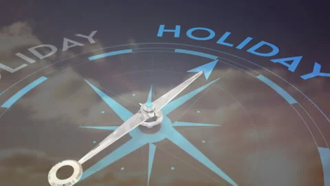 On cloud drift compass needle rotating clockwise toward HOLIDAY lighting bars Stock Footage 312897889