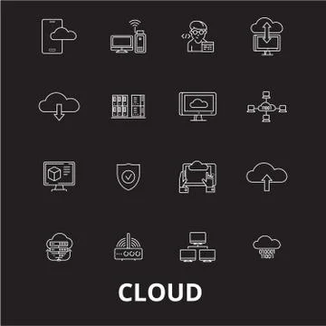 Cloud editable line icons vector set on black background. Cloud white outline Illustrazione stock