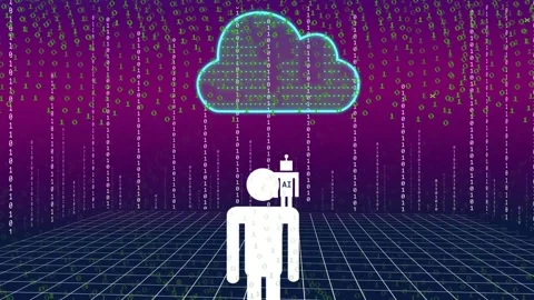 Cloud emerging above grid, binary digits raining and forming columns, human and Stock Footage 334337662